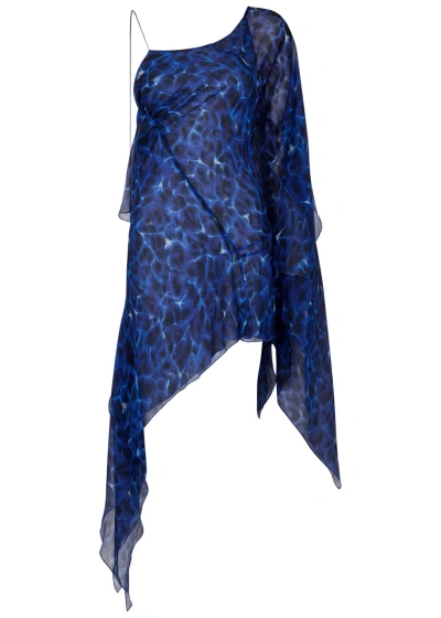 Knwls Asymmetric Printed Silk-georgette Dress In Blue