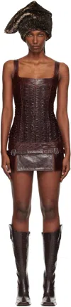 Knwls Brown Smocked Leather Minidress In Brown