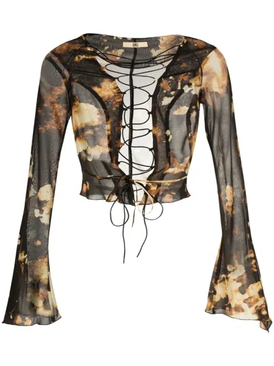 Knwls Printed Lace-up Stretch-silk Chiffon Top In Brown