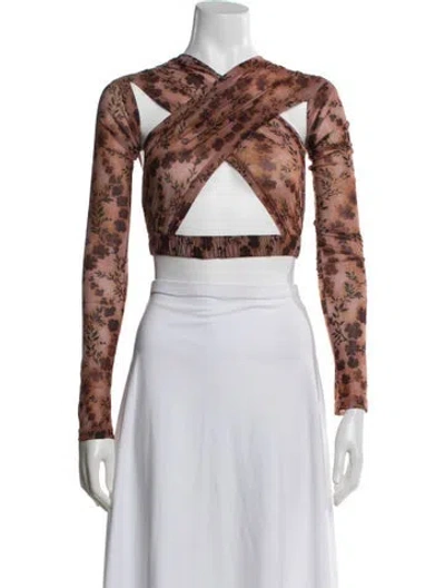 Pre-owned Knwls Floral Print Asymmetrical Crop Top In Brown