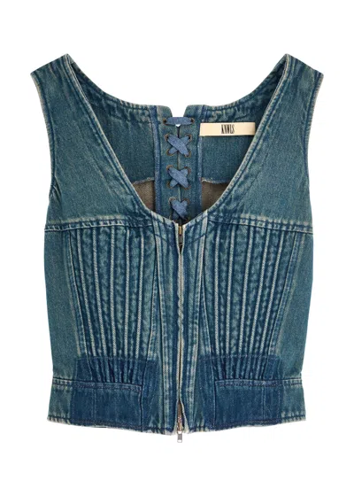 Knwls Lace-up Cropped Denim Corset Top In Navy