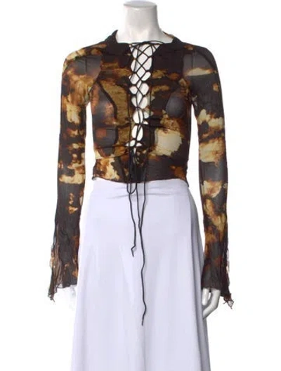 Pre-owned Knwls Patterned Tie Neck Top In Multi