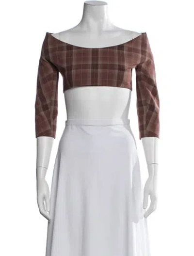 Pre-owned Knwls Plaid Print Off-the-shoulder Crop Top In Brown