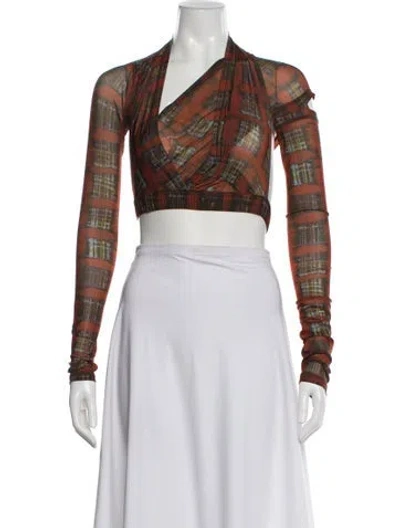 Pre-owned Knwls Plaid Print V-neck Crop Top In Brown
