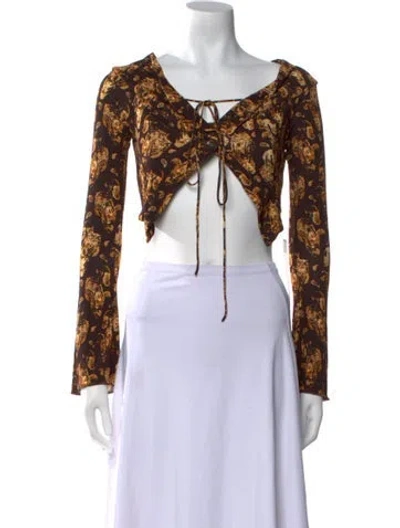 Pre-owned Knwls Printed Tie Neck Crop Top In Brown