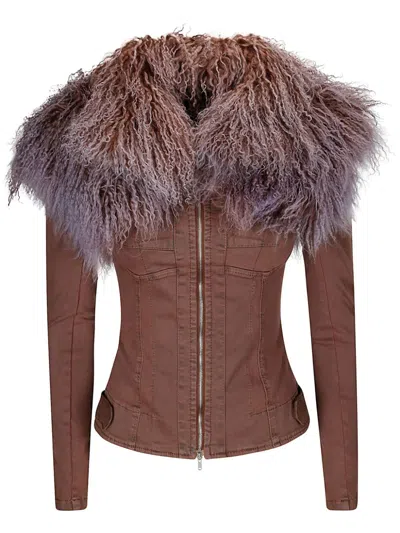 Knwls Shiv Shearling-trimmed Stretch-denim Jacket In Sky Brown