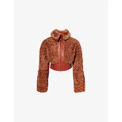 Knwls Womens Joan Panelled Leather And Shearling Cropped Jacket Rust