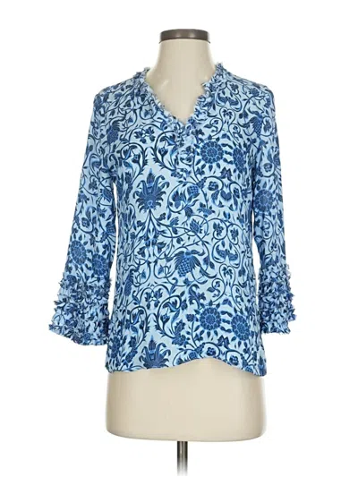 Pre-owned Kobi Halperin 3/4 Sleeve Silk Top Blue V Neck Tops
