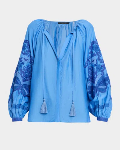 Kobi Halperin Addie Embroidered Cotton-silk Blouse In Blue