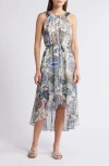 Kobi Halperin Allison Floral Beaded Belted High-low Sleeveless Dress In Blue/ Ivory Multi
