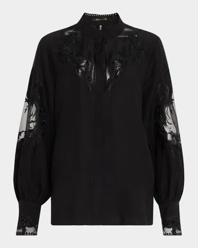 Kobi Halperin Angela Embroidered Sheer-inset Blouse In Black