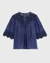 Kobi Halperin Bari Pintuck Lace-embellished Blouse In Indigo