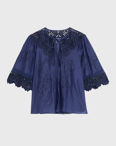 Kobi Halperin Bari Pintuck Lace-embellished Blouse In Indigo