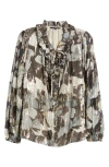 Kobi Halperin Boden Metallic Floral Tie Neck Silk Blend Top In Graphite M