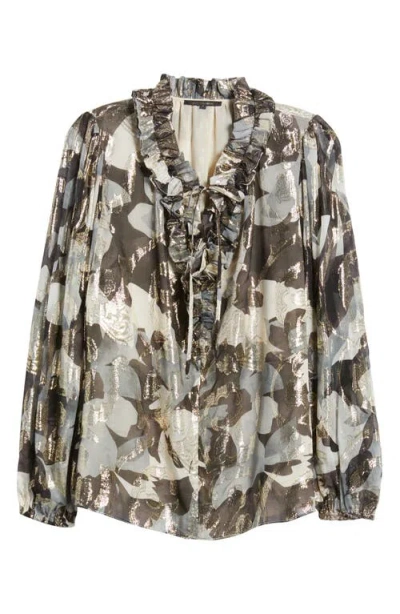 Kobi Halperin Boden Metallic Floral Tie Neck Silk Blend Top In Graphite M