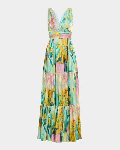 KOBI HALPERIN BRITT TIERED METALLIC SATIN MAXI DRESS