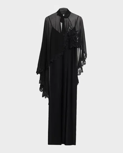 Kobi Halperin Carmen Satin A-line Cape Maxi Dress In Black