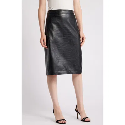 Kobi Halperin Croc Embossed Faux Lether Midi Skirt In Black
