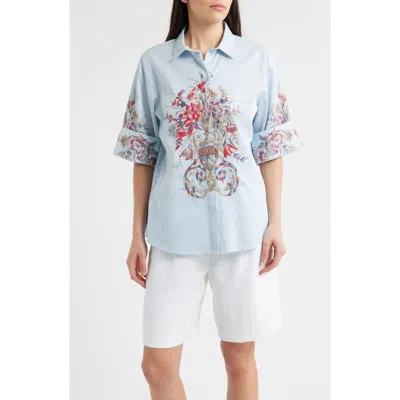 Kobi Halperin Drew Sequin Floral Stripe Cotton Blend Seersucker Button-up Shirt