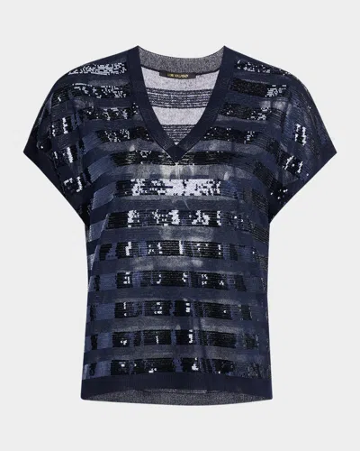 Kobi Halperin Elara Sequin Striped V-neck Sweater In Blue