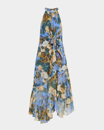 KOBI HALPERIN EMERY ASYMMETRIC FLORAL-PRINT HALTER MIDI DRESS