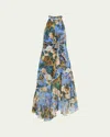 Kobi Halperin Emery Asymmetric Floral-print Halter Midi Dress In Blue