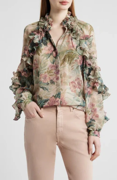 Kobi Halperin Esme Floral Ruffle Button-up Chiffon Shirt In Multi