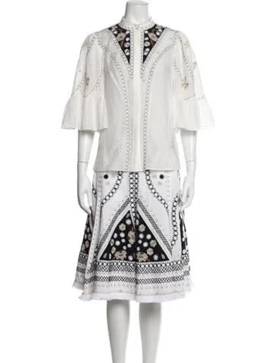 Pre-owned Kobi Halperin Floral Print Fringe Trim Accent Skirt Set In White