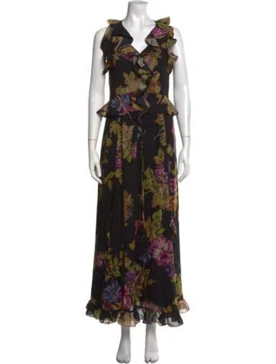 Pre-owned Kobi Halperin Floral Print Long Dress In Black