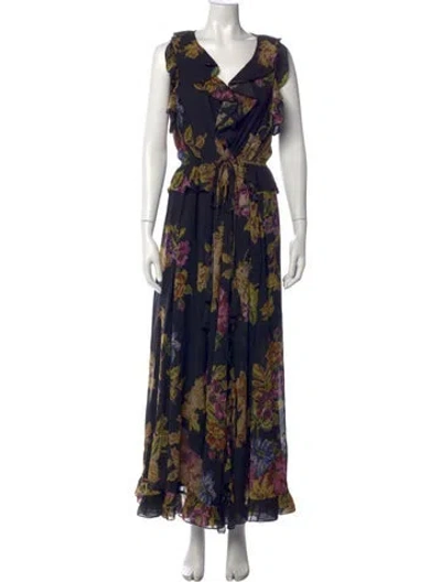 Pre-owned Kobi Halperin Floral Print Long Dress W/ Tags In Blue