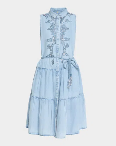 Kobi Halperin Glori Tiered Embroidered Denim Midi Dress In Dark Blue