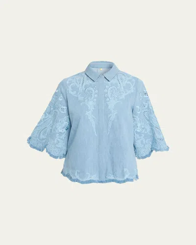 Kobi Halperin Hadley Floral Embroidered Denim Blouse In Purple