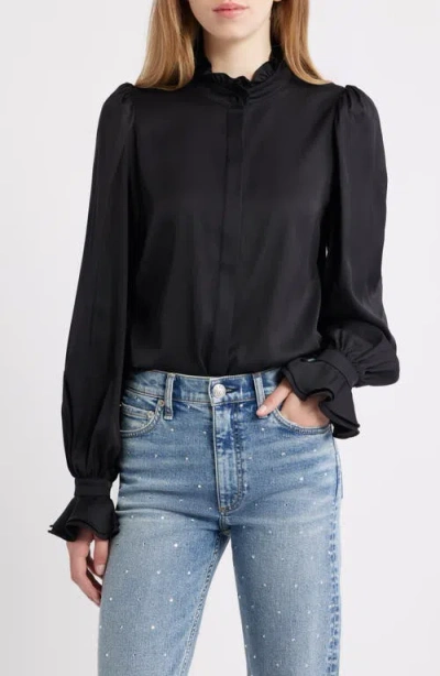 Kobi Halperin Harley Ruffle Puff Shoulder Stretch Silk Shirt In Black