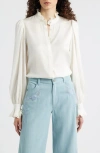 Kobi Halperin Harley Ruffle Puff Shoulder Stretch Silk Shirt In White