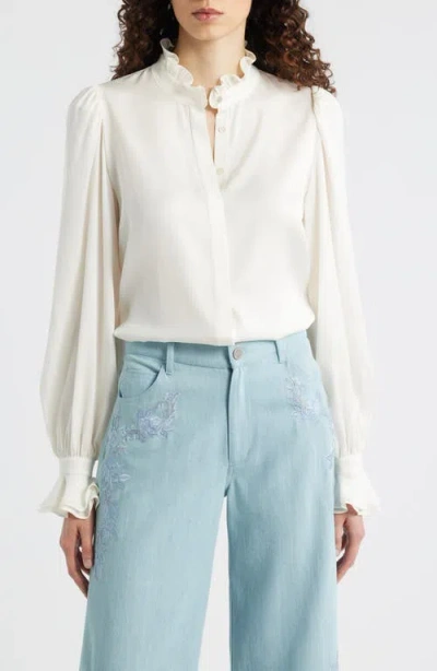 Kobi Halperin Harley Ruffle Puff Shoulder Stretch Silk Shirt In White