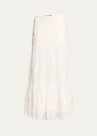 Kobi Halperin Harper Tiered Floral-embroidered Midi Skirt In White