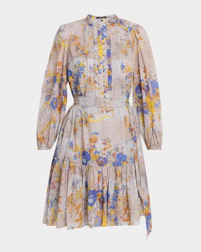 Kobi Halperin Hilary Floral-print Pintuck Flounce Mini Dress In Blue