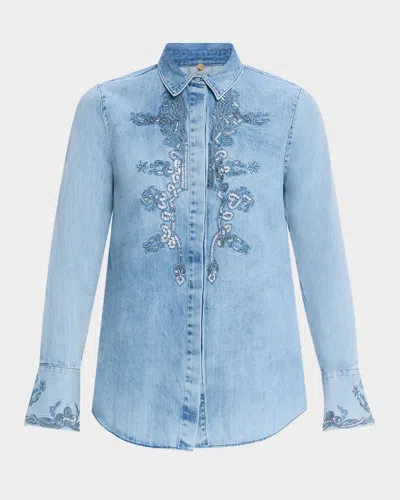 Kobi Halperin Imara Beaded Embroidered Denim Blouse In Dark Blue