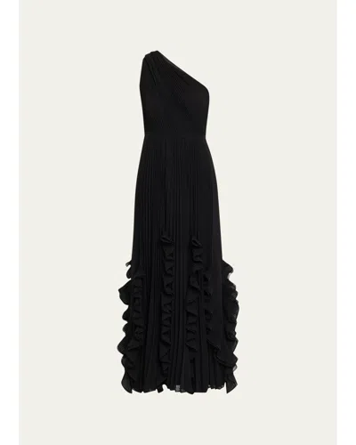 Kobi Halperin Iris Pleated Asymmetric Gown In Black