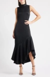 Kobi Halperin Jenkins Turtleneck High-low Flounce Midi Dress In Black
