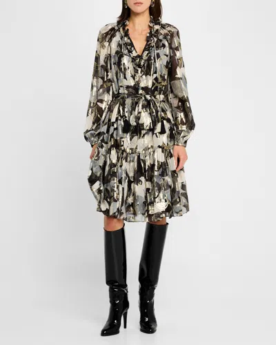 KOBI HALPERIN JENSON RUFFLE-TRIM METALLIC FIL COUPE DRESS