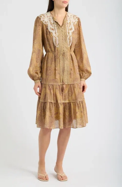 Kobi Halperin Lace Detail Paisley Tiered Cotton Dress In Brown