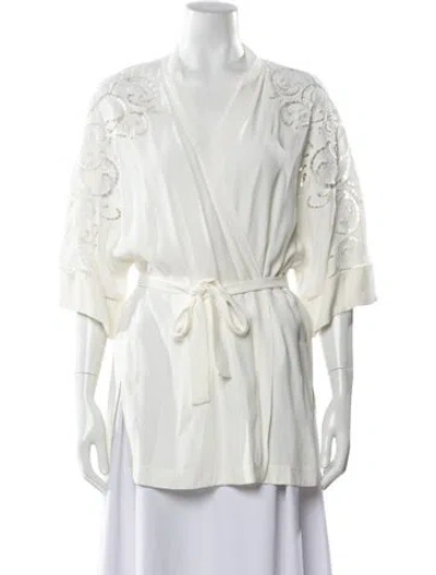 Pre-owned Kobi Halperin Lace Pattern V-neck Blouse In White