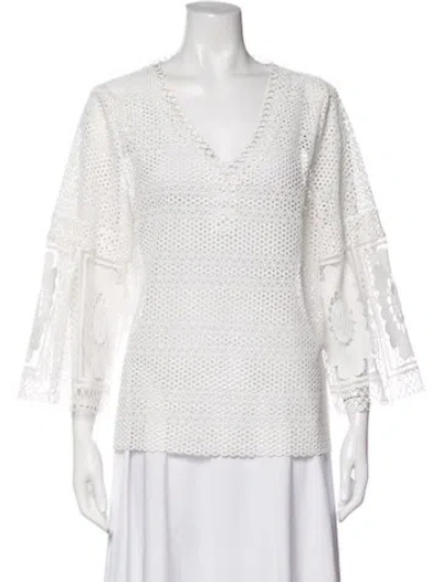 Pre-owned Kobi Halperin Lace Pattern V-neck Sweater In White