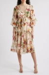 Kobi Halperin Limone Metallic Floral Tiered Silk Blend Midi Dress In Ecru Multi