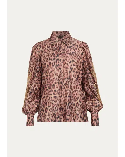 Kobi Halperin Lizzie Beaded Animal-print Blouse In Dark Natural