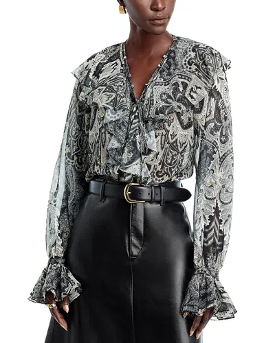 Kobi Halperin Locke Paisley Ruffle Semisheer Chiffon Top In Gold