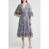 Kobi Halperin Logan Mosaic-print Ruffle-cuff Midi Dress In Skyline Multi