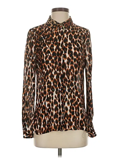 Pre-owned Kobi Halperin Long Sleeve Silk Top Brown Animal Print Pattern High Neck Tops