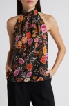 Kobi Halperin Madison Floral Silk Halter Top In Black Multi